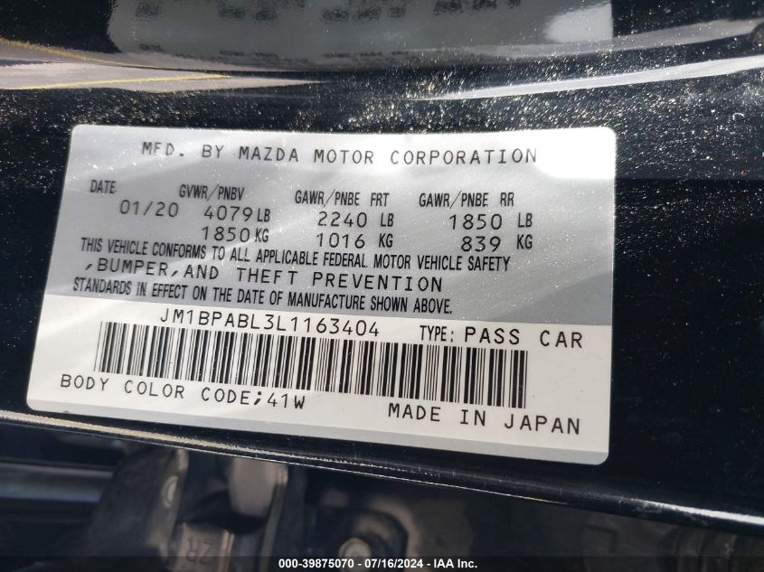 JM1BPABL3L1163404 2020 Mazda Mazda3