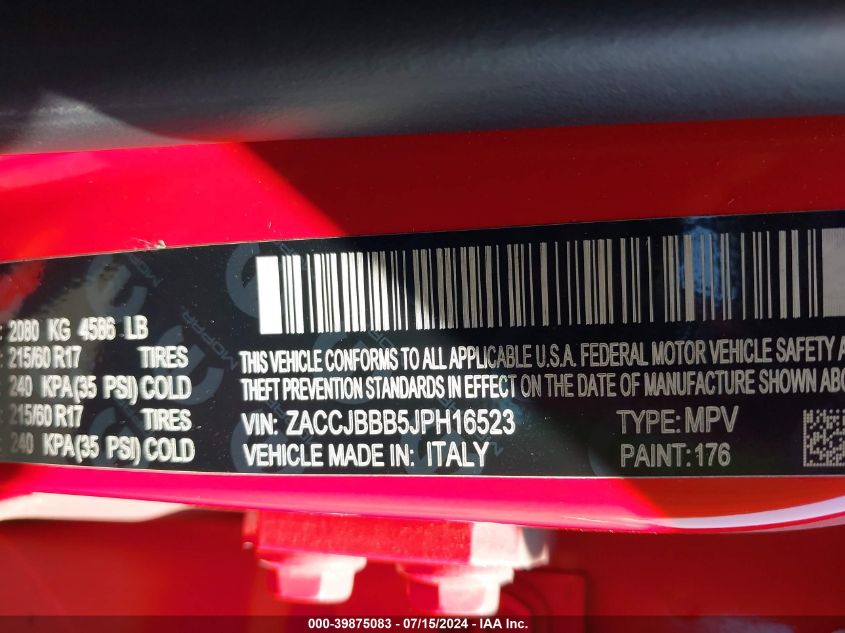 2018 Jeep Renegade Latitude 4X4 VIN: ZACCJBBB5JPH16523 Lot: 39875083