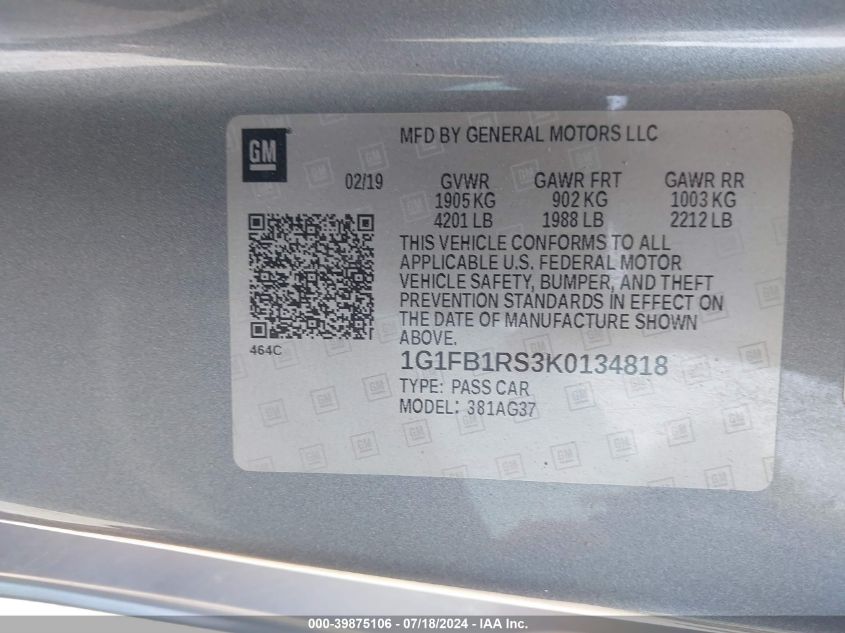 2019 Chevrolet Camaro Ls/Lt VIN: 1G1FB1RS3K0134818 Lot: 39875106