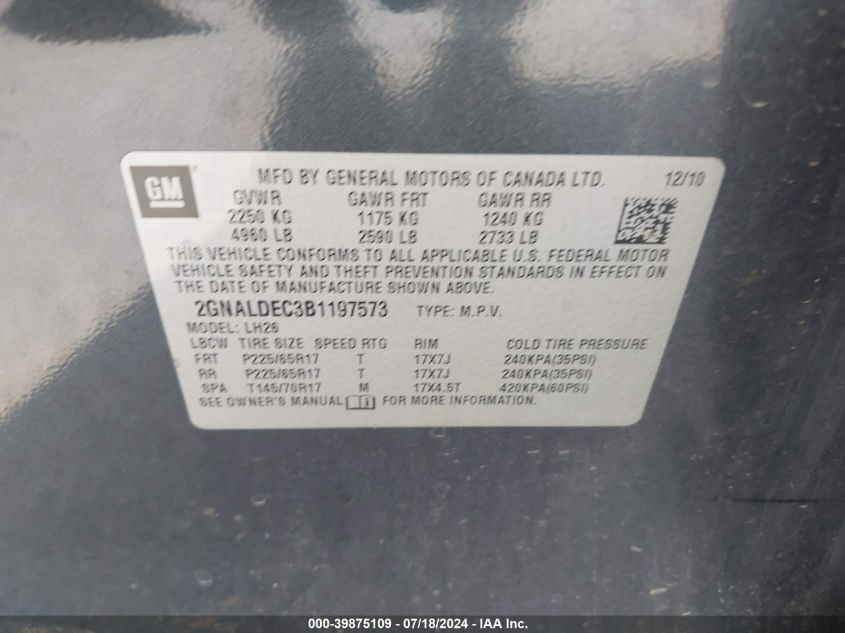 2011 Chevrolet Equinox 1Lt VIN: 2GNALDEC3B1197573 Lot: 39875109