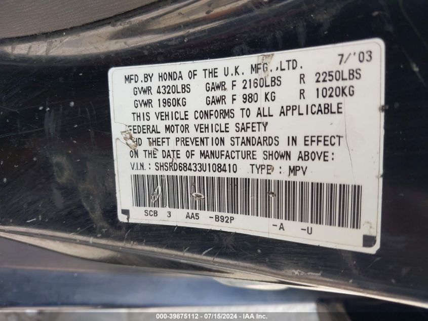 2003 Honda Cr-V Lx VIN: SHSRD68433U108410 Lot: 39875112