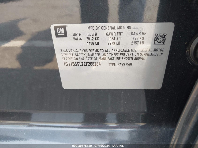 2014 Chevrolet Malibu 1Ls VIN: 1G11B5SL7EF268284 Lot: 39875120