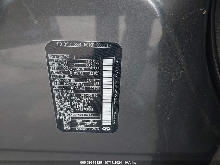 VIN 3PCAJ5BB9PF119173 2023 INFINITI QX50 LUXE AWD