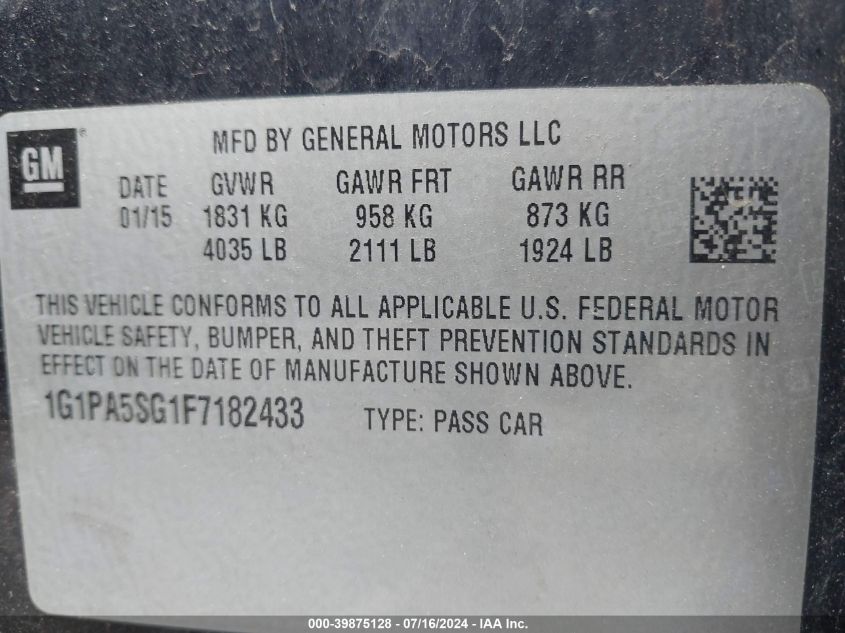 2015 Chevrolet Cruze Ls Auto VIN: 1G1PA5SG1F7182433 Lot: 39875128