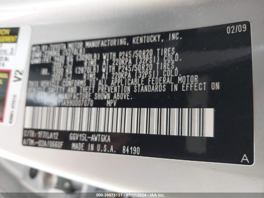 2009 Toyota Venza Base V6 VIN: 4T3BK11A99U007070 Lot: 39875131