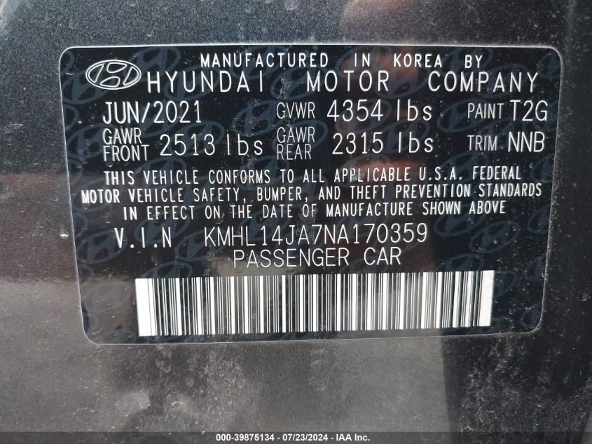 2022 Hyundai Sonata Sel VIN: KMHL14JA7NA170359 Lot: 39875134