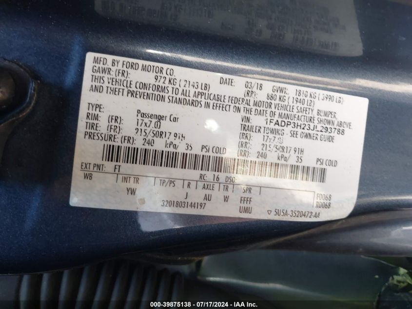 1FADP3H23JL293788 2018 Ford Focus Sel