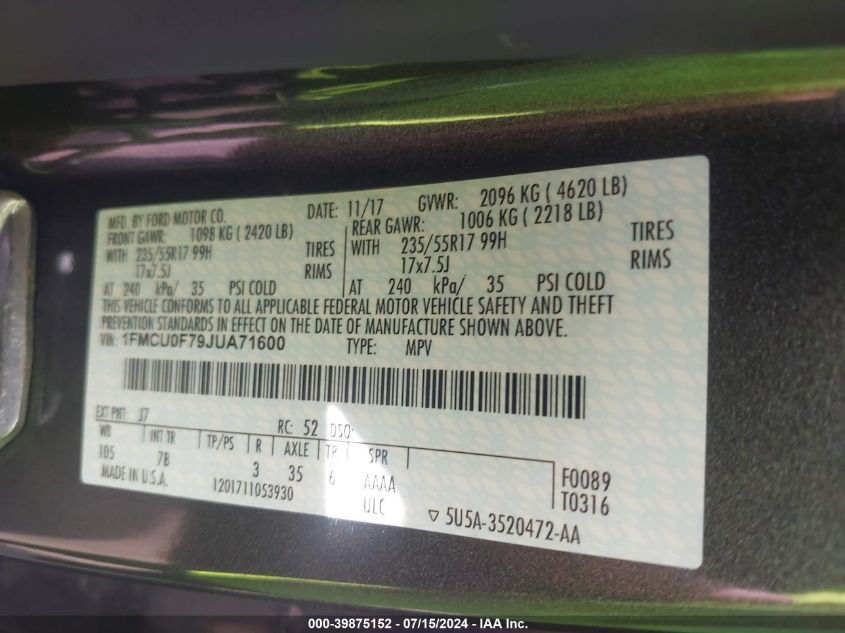 2018 Ford Escape S VIN: 1FMCU0F79JUA71600 Lot: 39875152