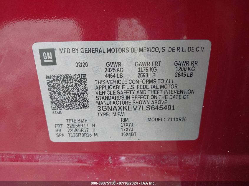 2020 Chevrolet Equinox Lt VIN: 3GNAXKEV7LS645491 Lot: 39875158