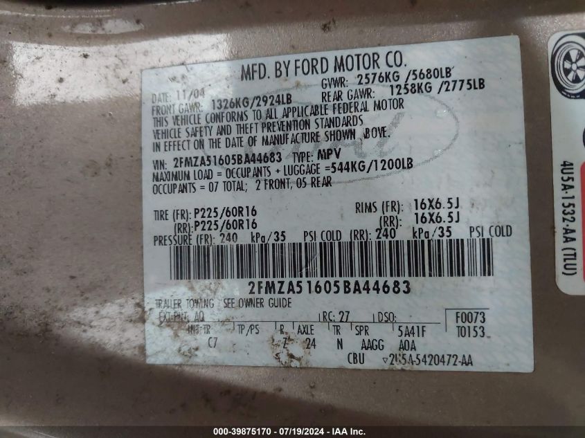 2005 Ford Freestar Se VIN: 2FMZA51605BA44683 Lot: 39875170