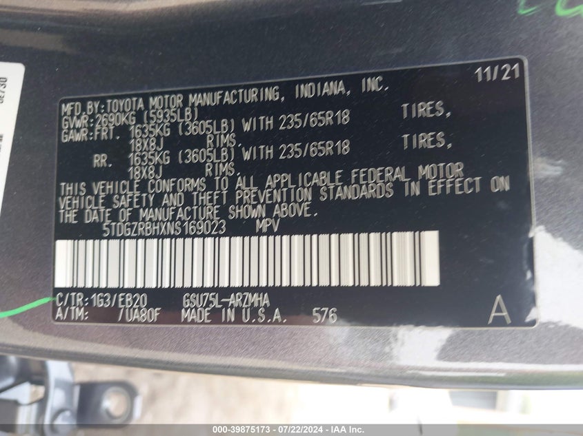 2022 TOYOTA HIGHLANDER 3.5L V-6 DI, DOHC, V(VIN: 5TDGZRBHXNS169023