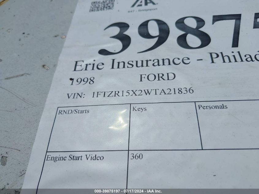1998 Ford Ranger Splash/Xl/Xlt VIN: 1FTZR15X2WTA21836 Lot: 39875197