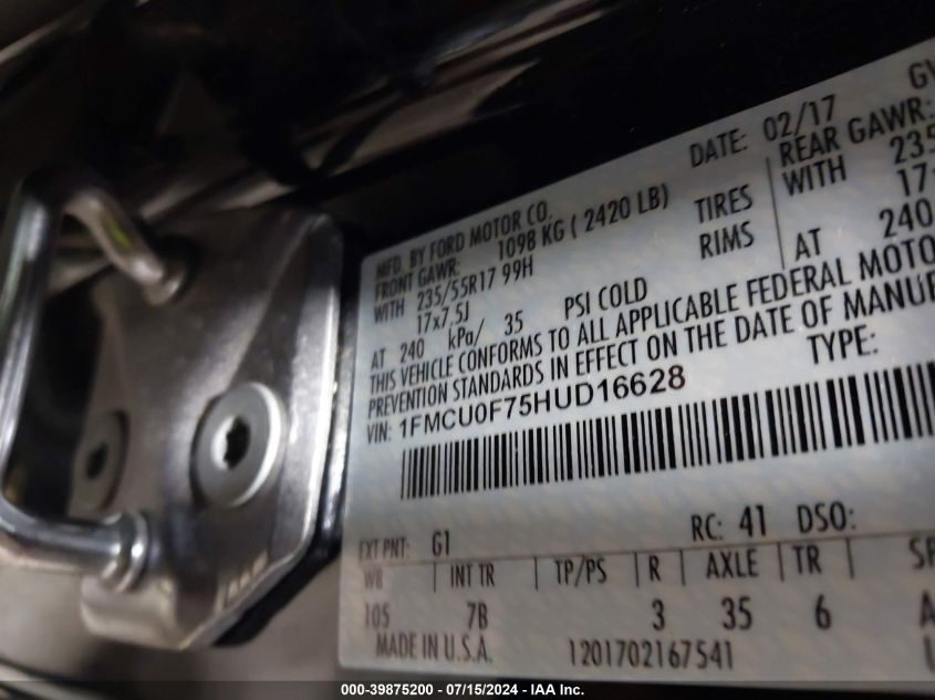 2017 Ford Escape S VIN: 1FMCU0F75HUD16628 Lot: 39875200
