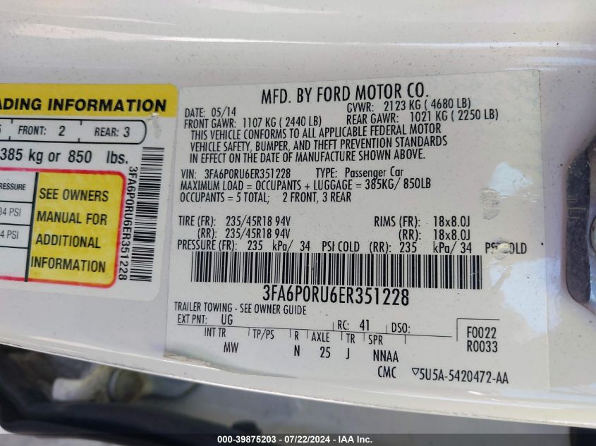 2014 Ford Fusion Hybrid Titanium VIN: 3FA6P0RU6ER351228 Lot: 39875203