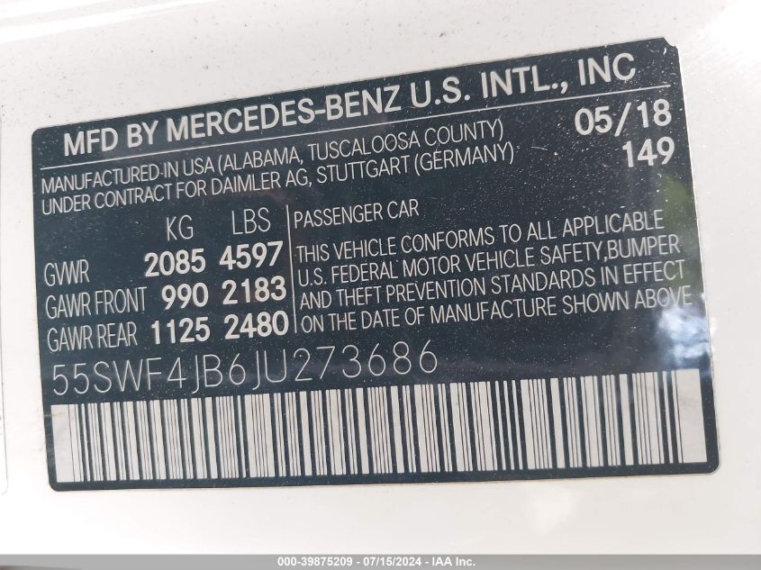 2018 Mercedes-Benz C 300 VIN: 55SWF4JB6JU273686 Lot: 39875209