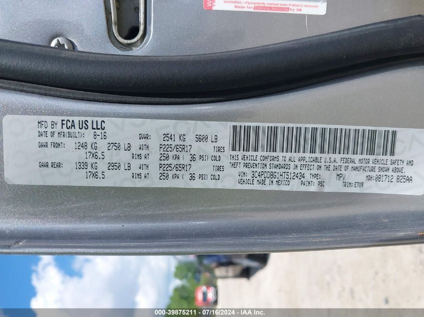 2017 Dodge Journey Sxt VIN: 3C4PDDBG1HT512434 Lot: 39875211