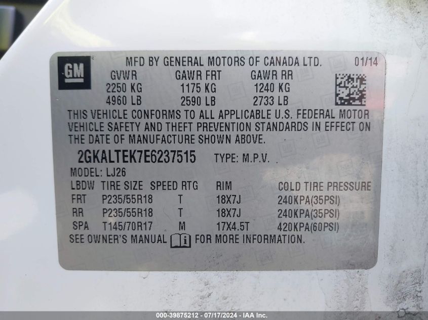 2014 GMC Terrain Slt-2 VIN: 2GKALTEK7E6237515 Lot: 39875212