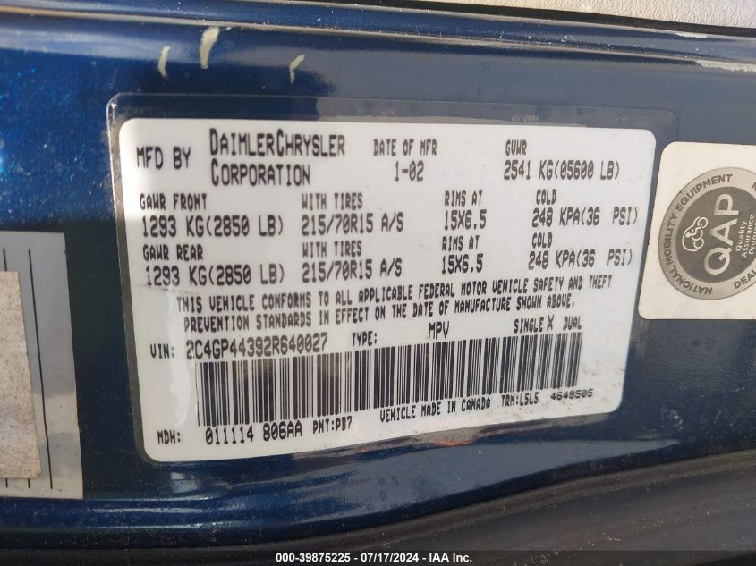 2002 Chrysler Town & Country Lx VIN: 2C4GP44392R640027 Lot: 39875225