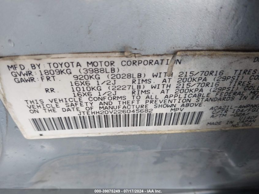 2002 Toyota Rav4 VIN: JTEHH20V226045682 Lot: 39875249