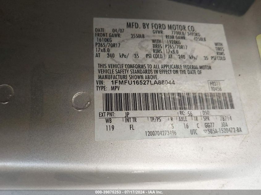 2007 Ford Expedition Xlt VIN: 1FMFU16527LA88044 Lot: 39875253