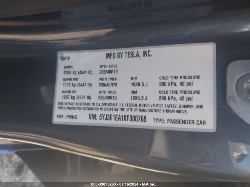 2019 TESLA MODEL 3 LONG RANGE/MID RANGE/STANDARD RANGE/STANDARD RANGE PLUS - 5YJ3E1EA1KF300768