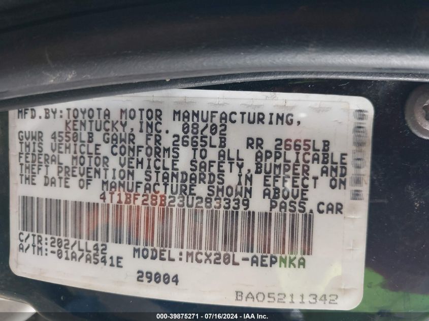 2003 Toyota Avalon Xl VIN: 4T1BF28B23U283339 Lot: 39875271