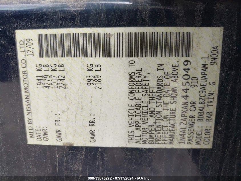 2010 Nissan Altima S VIN: 1N4AL2APXAN445049 Lot: 39875272