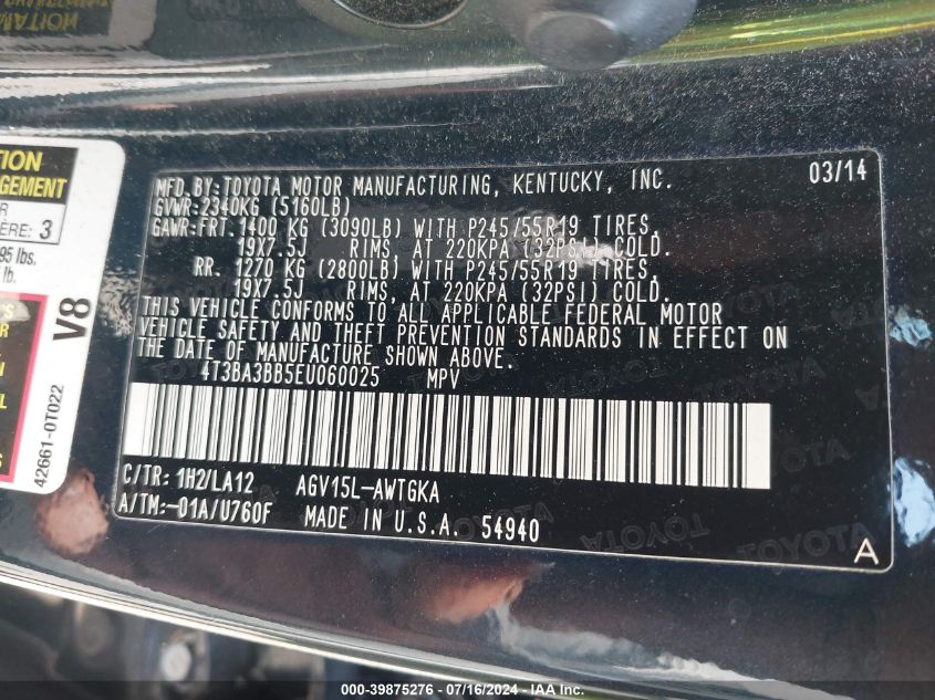 2014 Toyota Venza Xle VIN: 4T3BA3BB5EU060025 Lot: 39875276