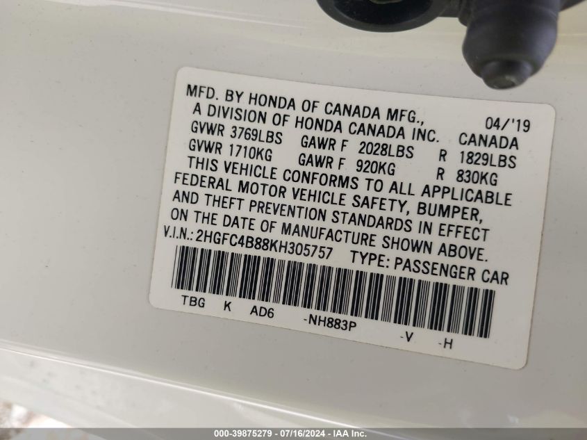 2019 Honda Civic Sport VIN: 2HGFC4B88KH305757 Lot: 39875279