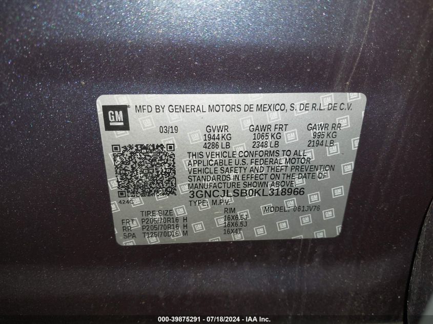 2019 Chevrolet Trax Lt VIN: 3GNCJLSB0KL318966 Lot: 39875291