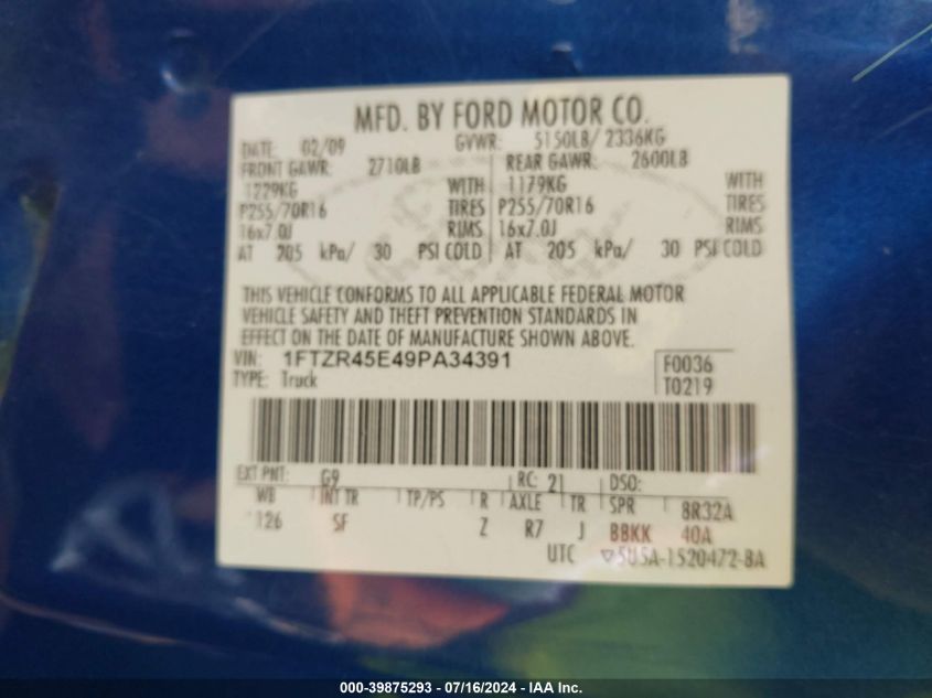 2009 Ford Ranger Super Cab VIN: 1FTZR45E49PA34391 Lot: 39875293