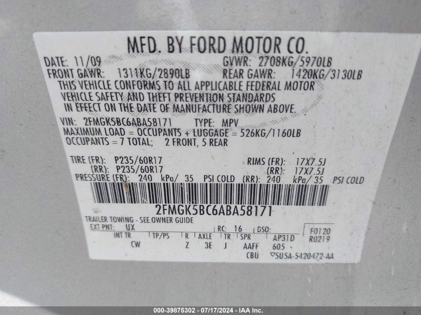 2FMGK5BC6ABA58171 2010 Ford Flex Se