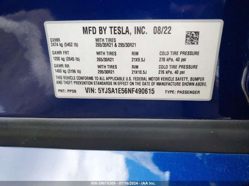 2022 Tesla Model S Dual Motor All-Wheel Drive VIN: 5YJSA1E56NF490615 Lot: 39875309