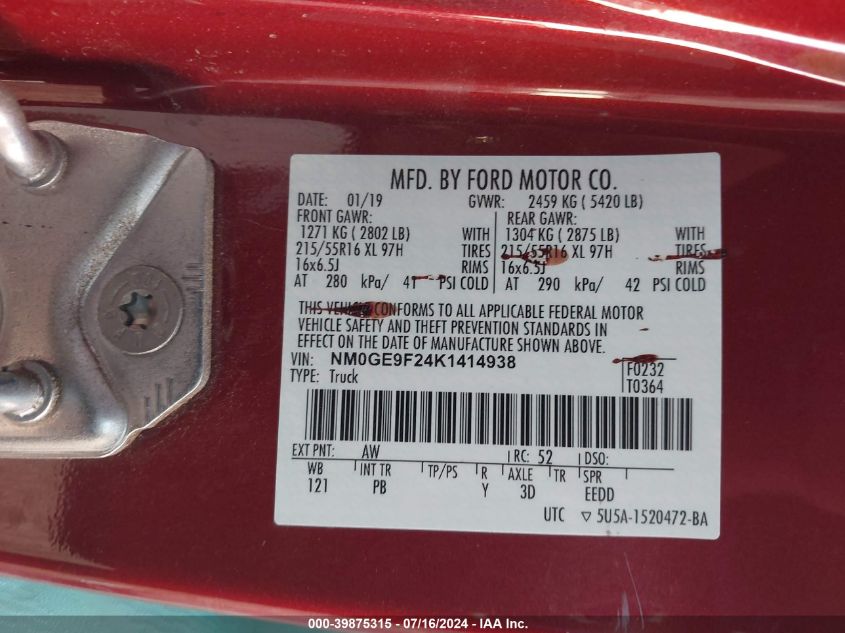 2019 Ford Transit Connect Xlt VIN: NM0GE9F24K1414938 Lot: 39875315