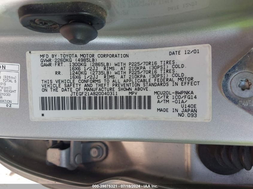 2002 Toyota Highlander V6 VIN: JTEGF21A820040311 Lot: 39875321