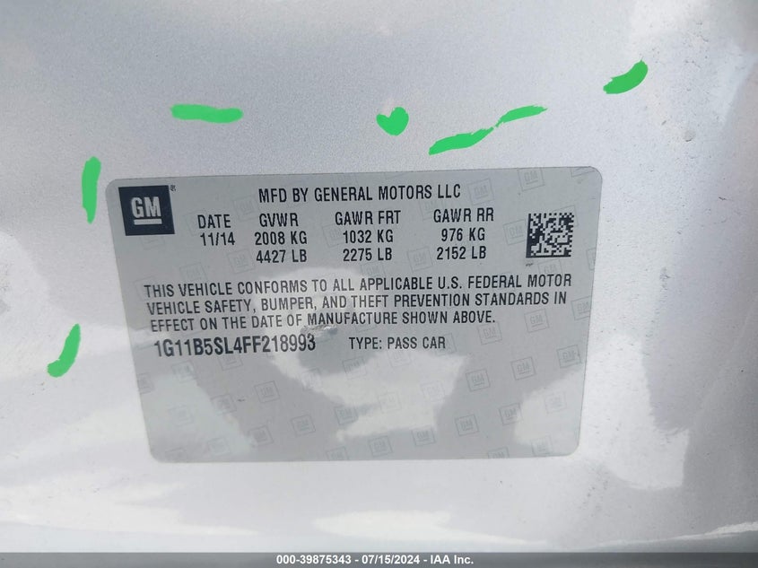 2015 Chevrolet Malibu Ls VIN: 1G11B5SL4FF218993 Lot: 39875343