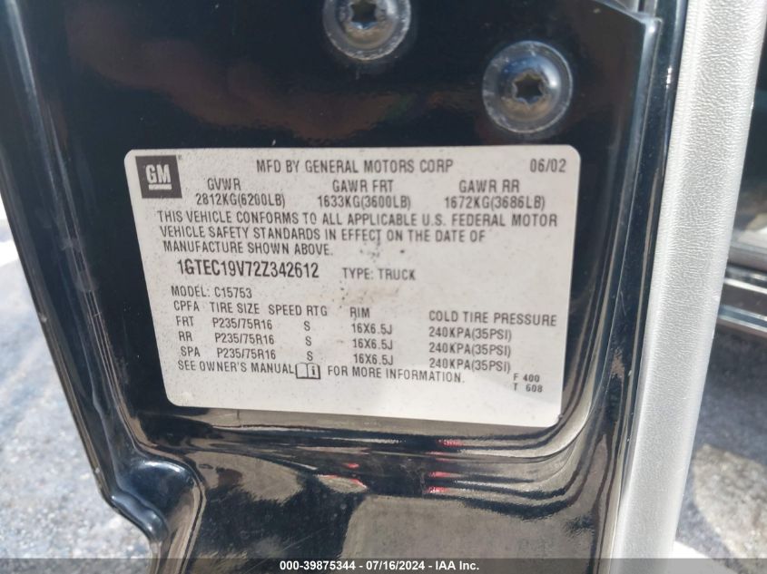 2002 GMC Sierra 1500 C1500 VIN: 1GTEC19V72Z342612 Lot: 39875344