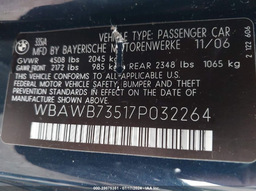 2007 BMW 335I VIN: WBAWB73517PD32264 Lot: 39875351