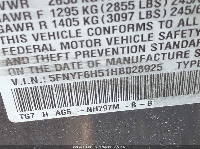 2017 Honda Pilot Exl VIN: 5FNYF6H51HB028925 Lot: 39875361