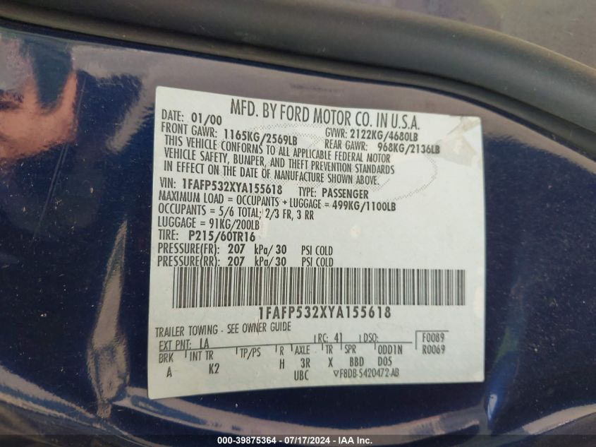 2000 Ford Taurus Se VIN: 1FAFP532XYA155618 Lot: 39875364