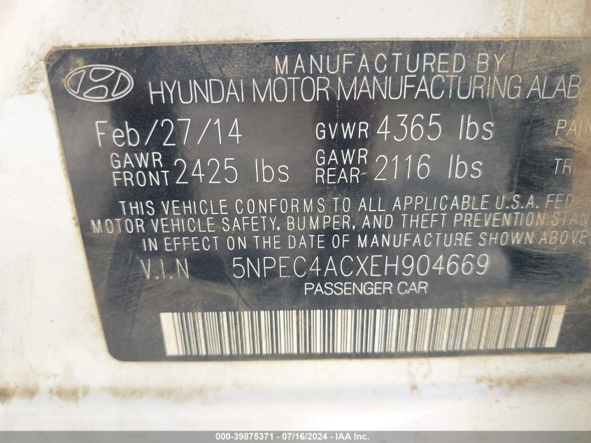 5NPEC4ACXEH904669 2014 Hyundai Sonata Se/Limited