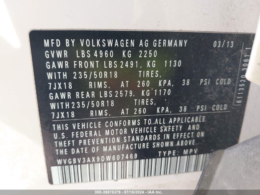 2013 Volkswagen Tiguan Se VIN: WVGBV3AX9DW607469 Lot: 39875379