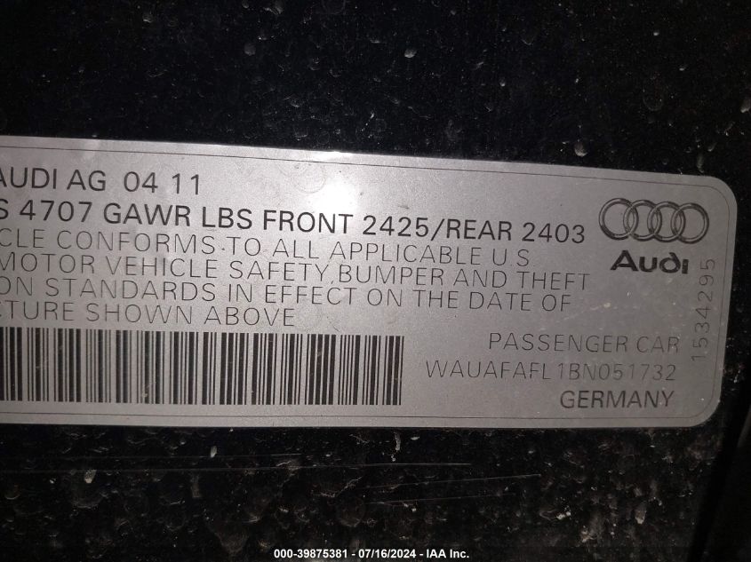 2011 Audi A4 2.0T Premium VIN: WAUAFAFL1BN051732 Lot: 39875381