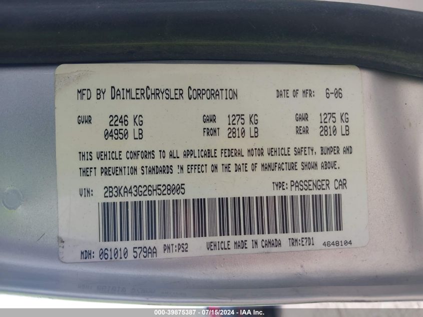 2006 Dodge Charger VIN: 2B3KA43G26H528005 Lot: 39875387