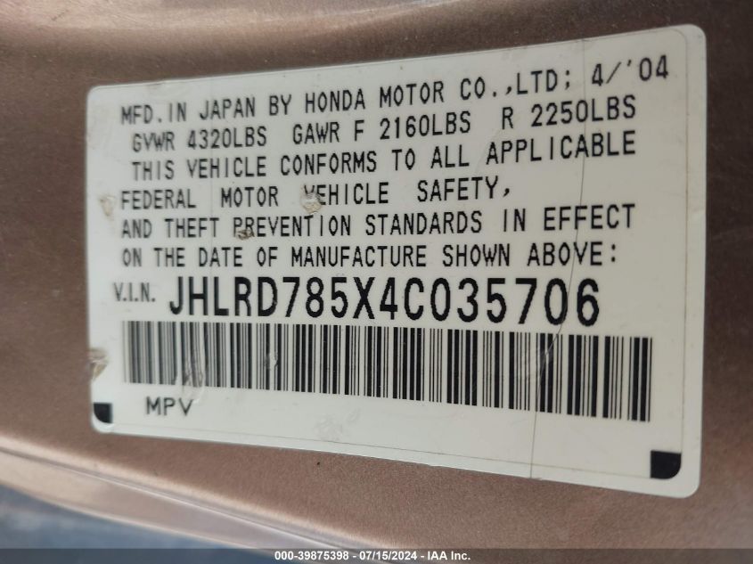 2004 Honda Cr-V Lx VIN: JHLRD785X4C035706 Lot: 39875398