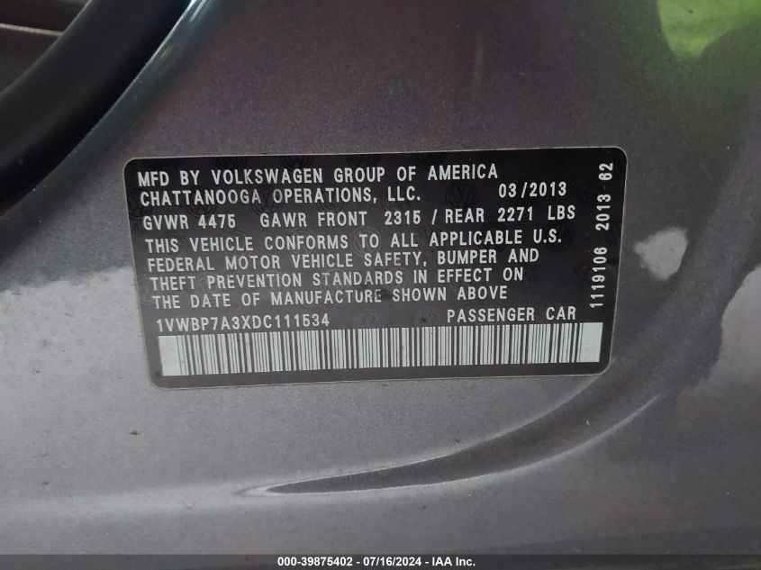 2013 Volkswagen Passat 2.5L Se VIN: 1VWBP7A3XDC111534 Lot: 39875402