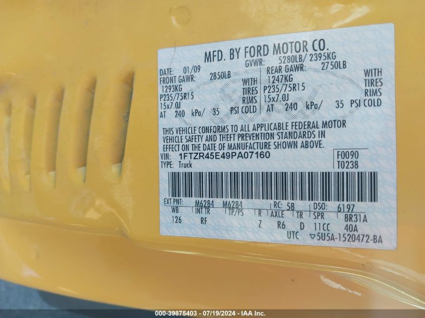 2009 Ford Ranger Super Cab VIN: 1FTZR45E49PA07160 Lot: 39875403