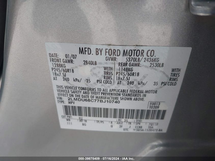2007 Lincoln Mkx VIN: 2LMDU68C77BJ10740 Lot: 39875409