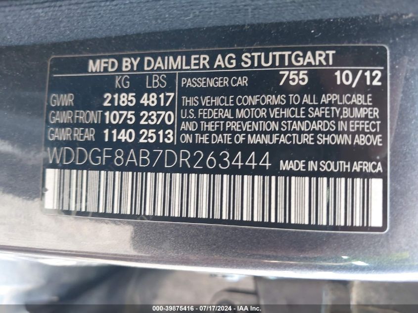 2013 Mercedes-Benz C 300 Luxury 4Matic/Sport 4Matic VIN: WDDGF8AB7DR263444 Lot: 39875416