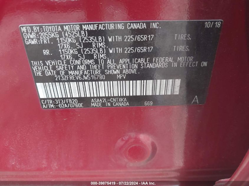 2018 Toyota Rav4 Le VIN: 2T3ZFREV6JW516780 Lot: 39875419